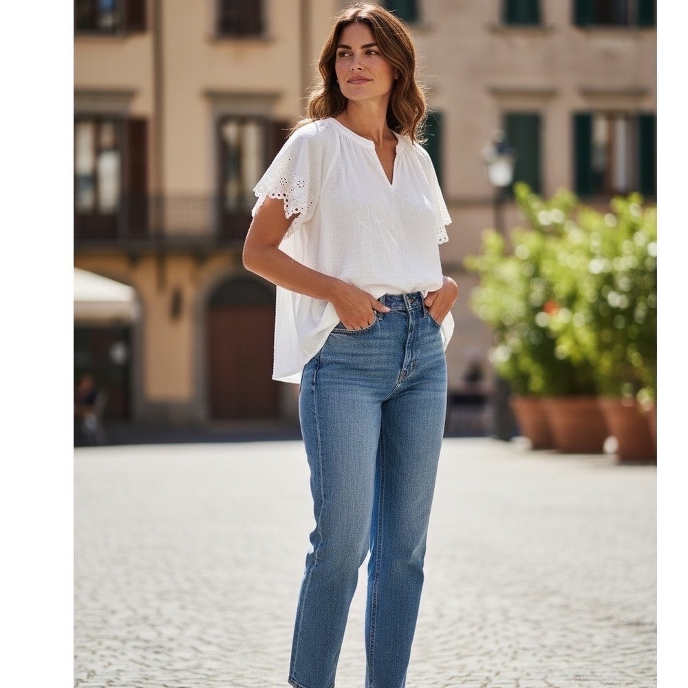 Beachlunchlounge Dessa White Cotton Gauze Eyelet Short Sleeve Top Cottagecore S - Picture 6 of 13